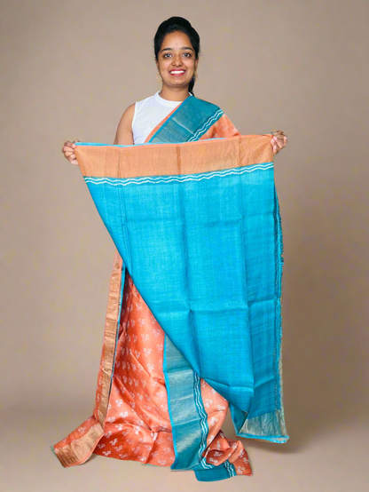 Orange and Teal Tussar Silk Saree with Prints