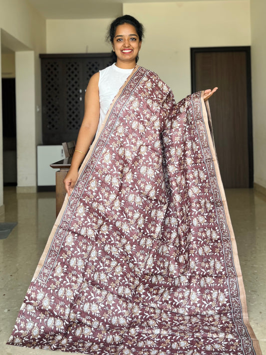 Brown Tussar Silk Saree with Prints