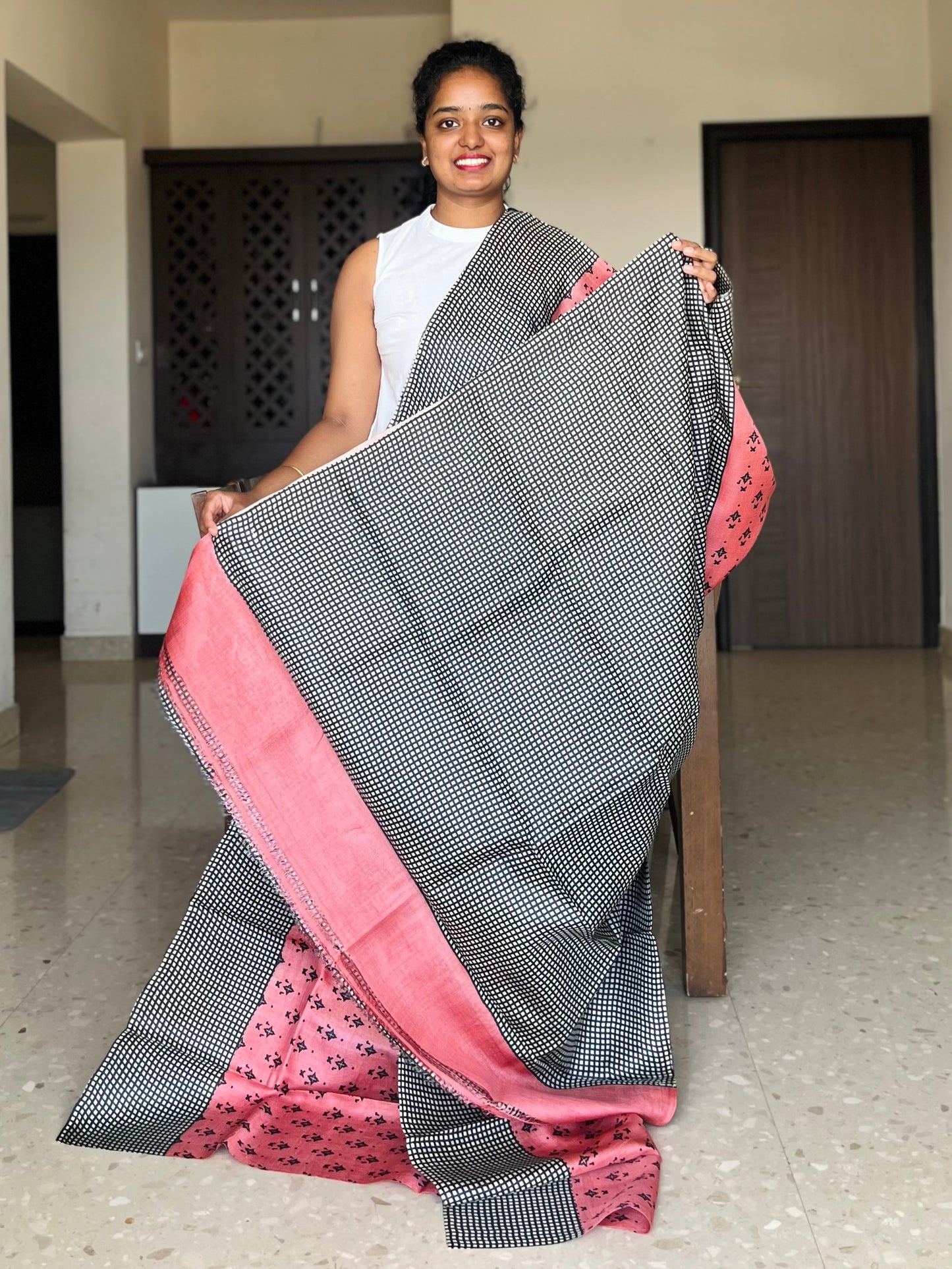 Pink Tussar Silk Saree with Prints