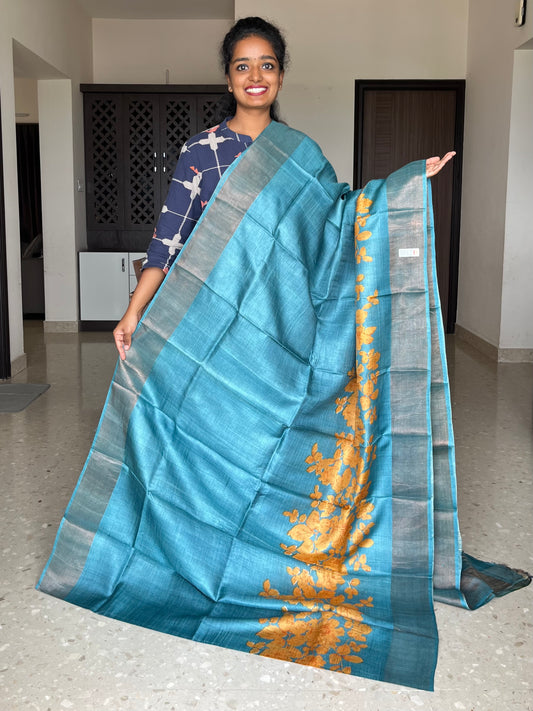 Powder Grey Tussar Silk Saree with Prints