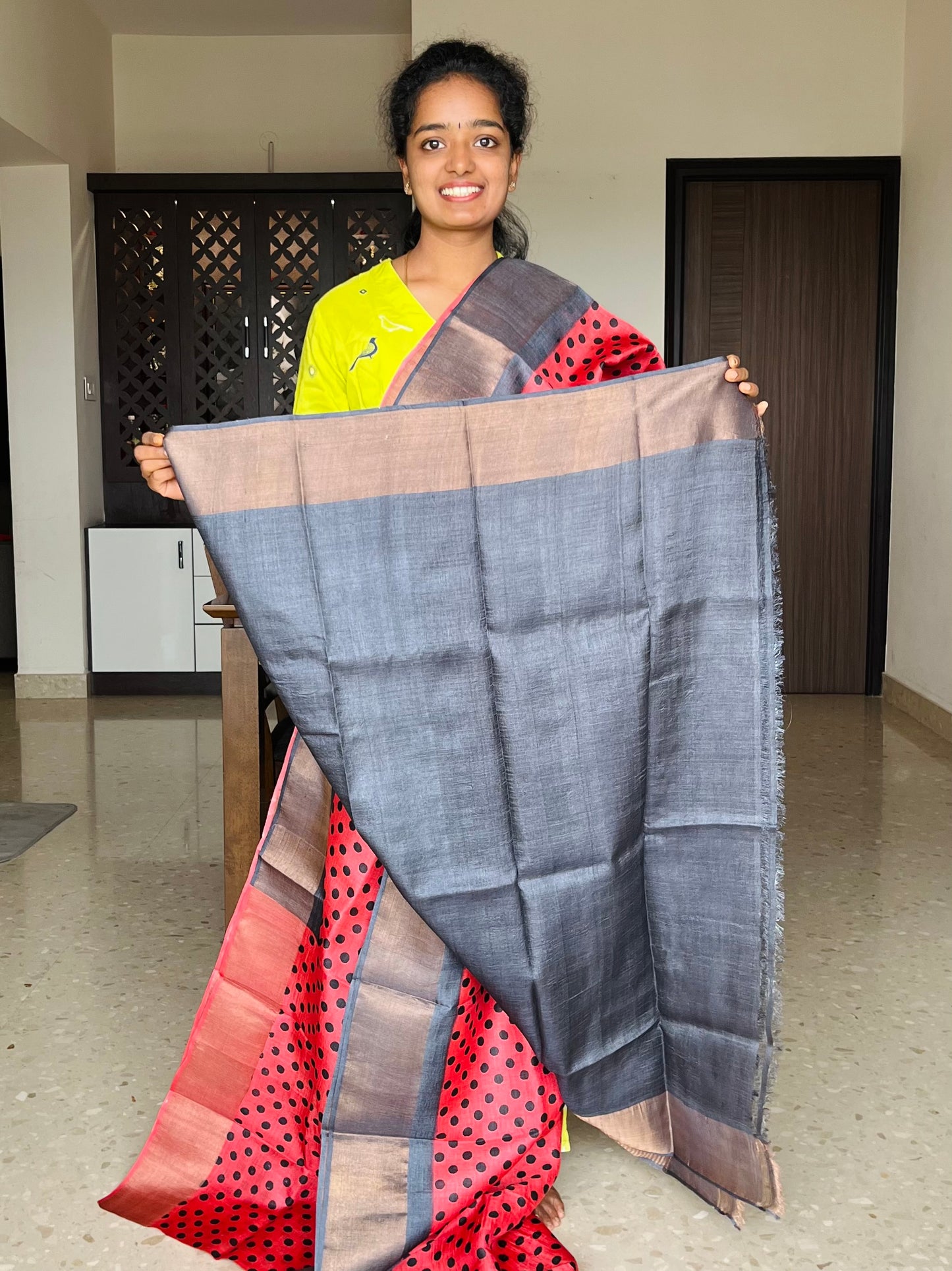 Red and Black Tussar Silk Saree with Prints