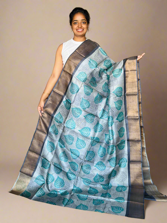Grey and Black Tussar Silk Saree with Prints