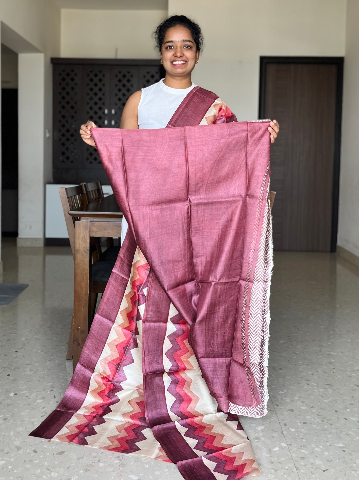 Cream and Maroon Tussar Silk Saree with Prints