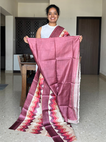 Cream and Maroon Tussar Silk Saree with Prints