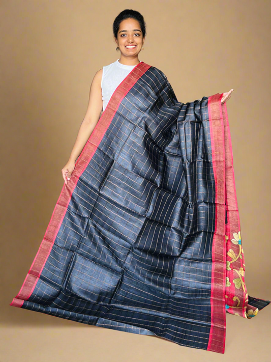 Black and Red Tussar Silk Saree with Printsn