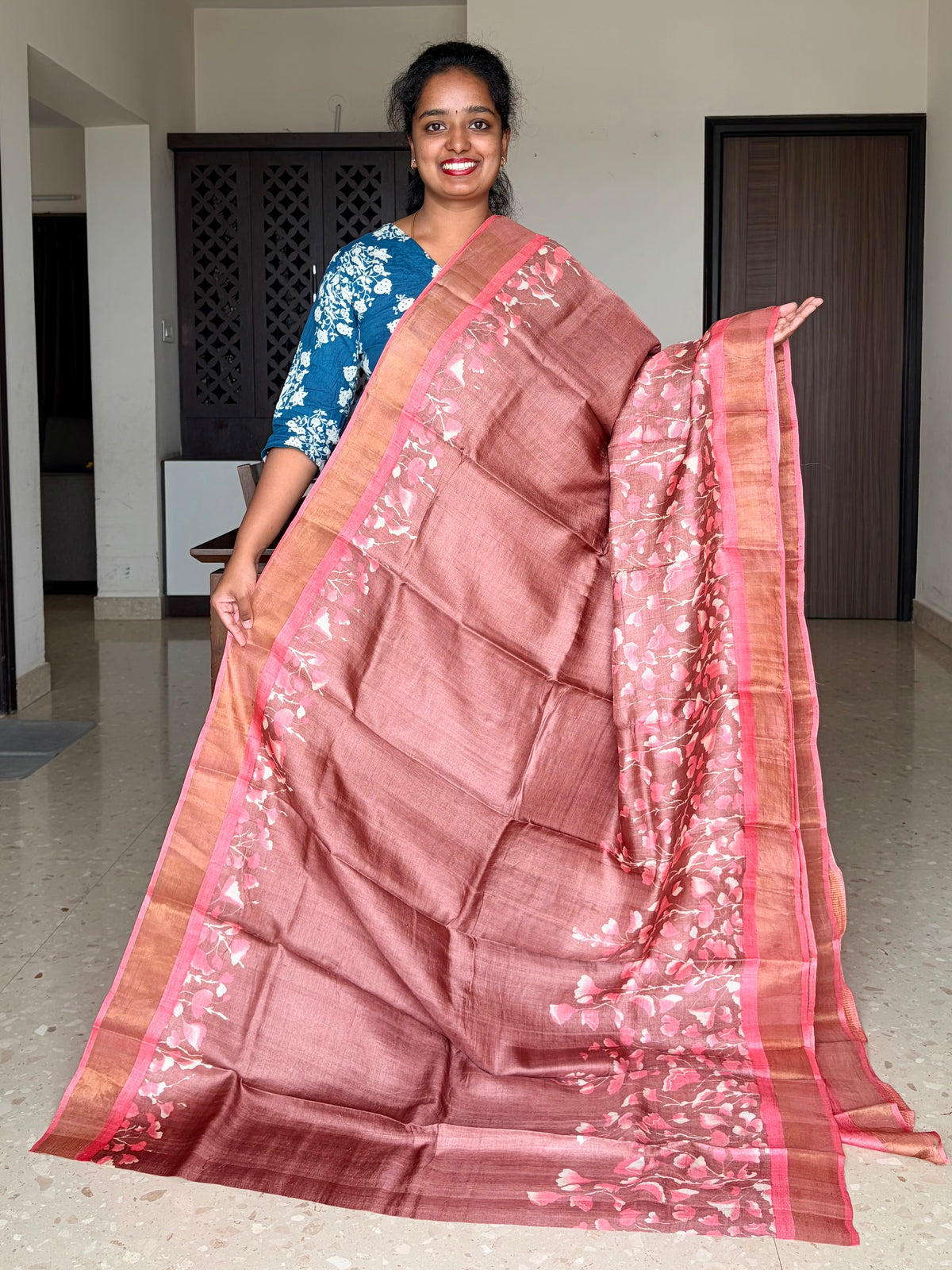 Brown and Peach Tussar Silk Saree with Prints