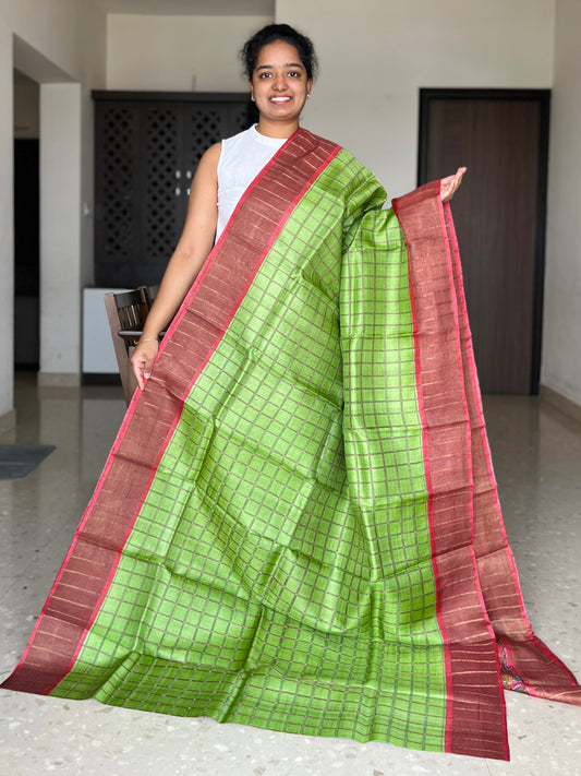 Green and Red Tussar Silk Saree with Prints