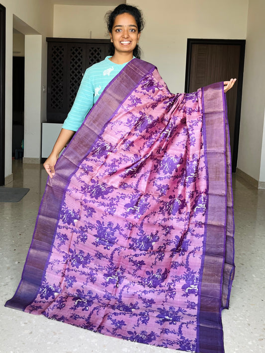 Lavender and Violet Tussar Silk Saree with Prints