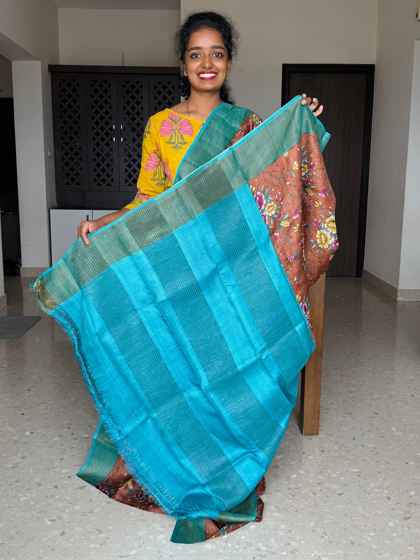 Brown and Blue Tussar Silk Saree with Prints