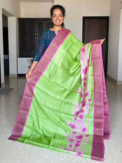 Green and Rani Pink Tussar Silk Saree with Prints