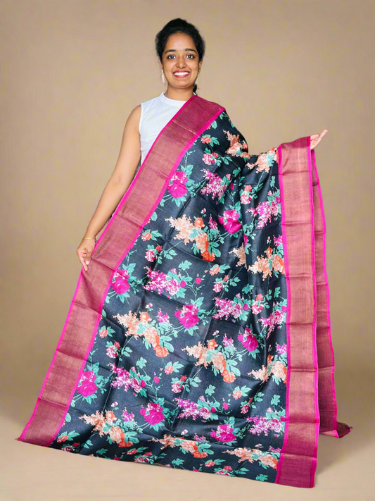 Black and Magenta Tussar Silk Saree with Prints