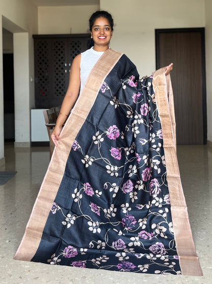 Black and Peach Tussar Silk Saree with Prints