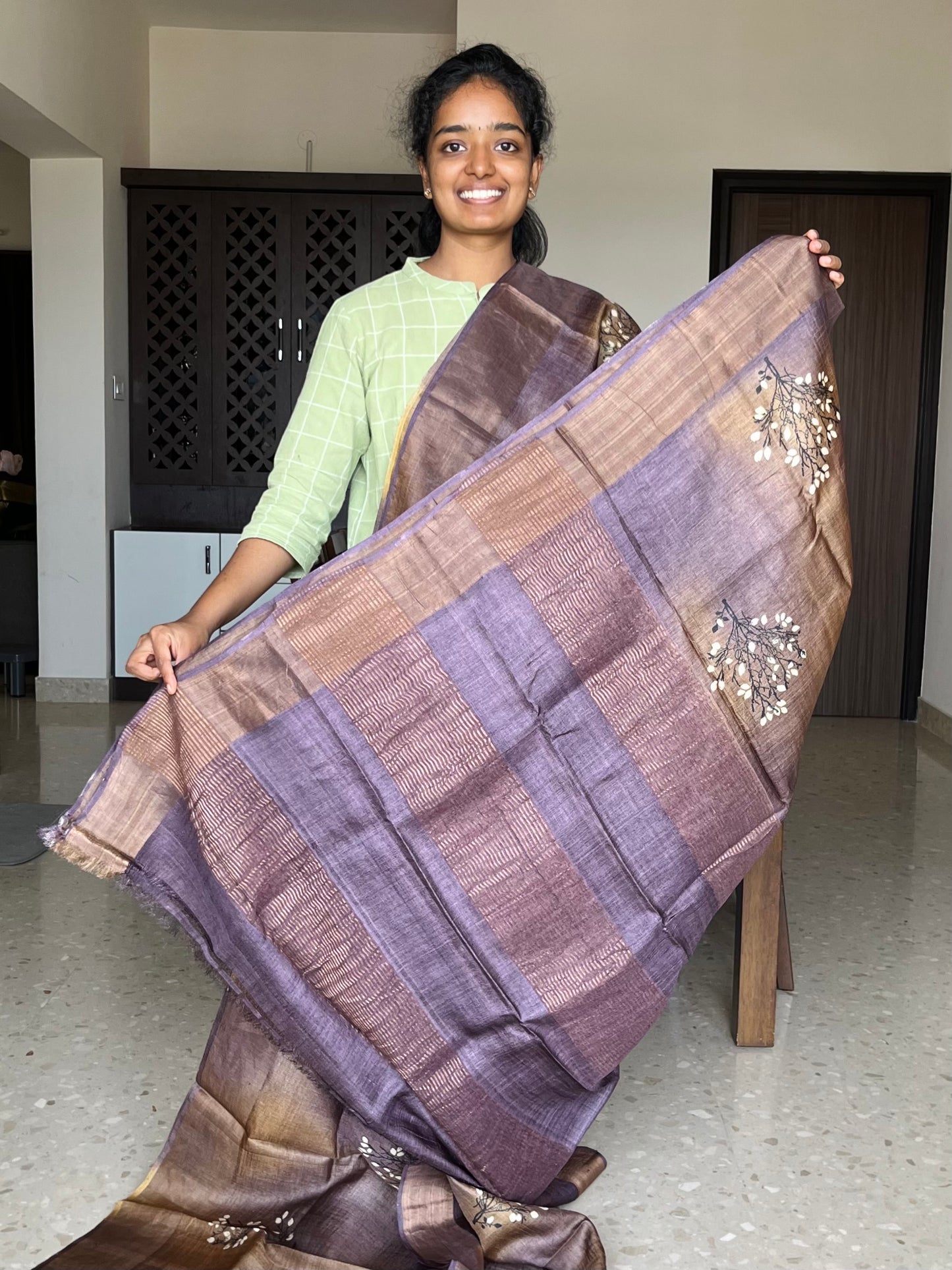 Golden Brown Tussar Silk Saree with Prints