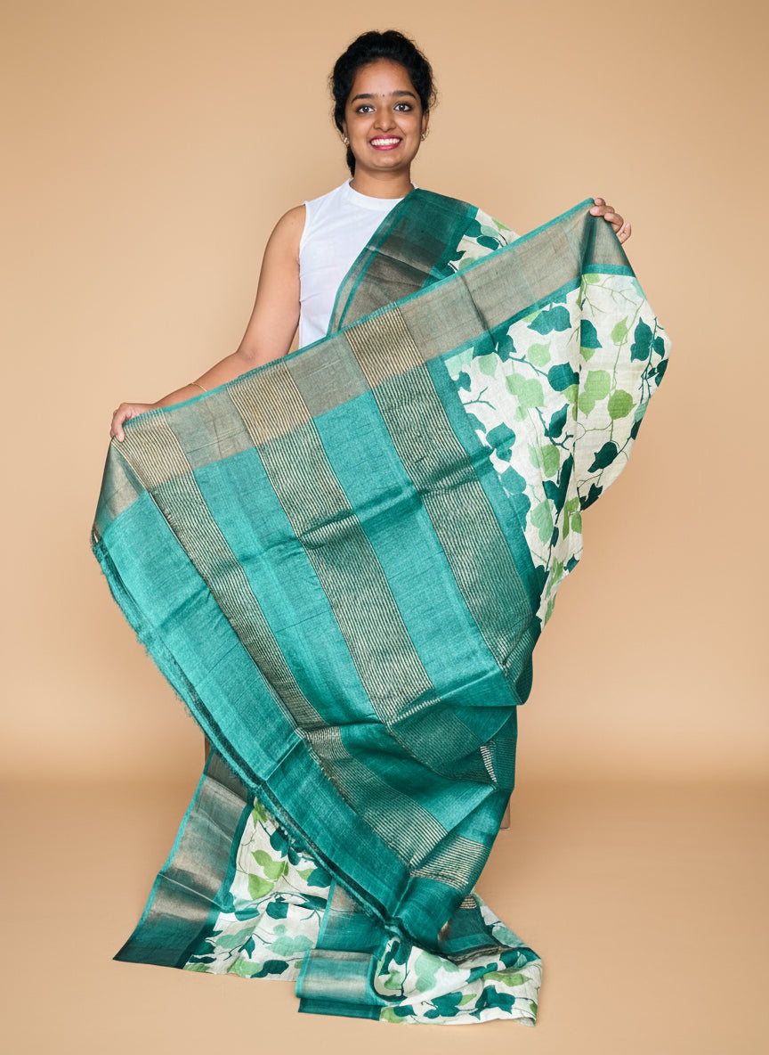Cream and Green Tussar Silk Saree with Prints
