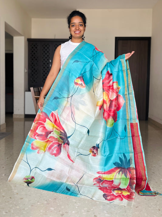 Cream and Blue Tussar Silk Saree with Prints