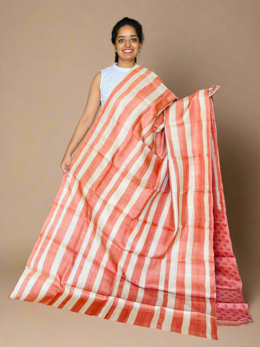 Orange Tussar Silk Saree with Prints