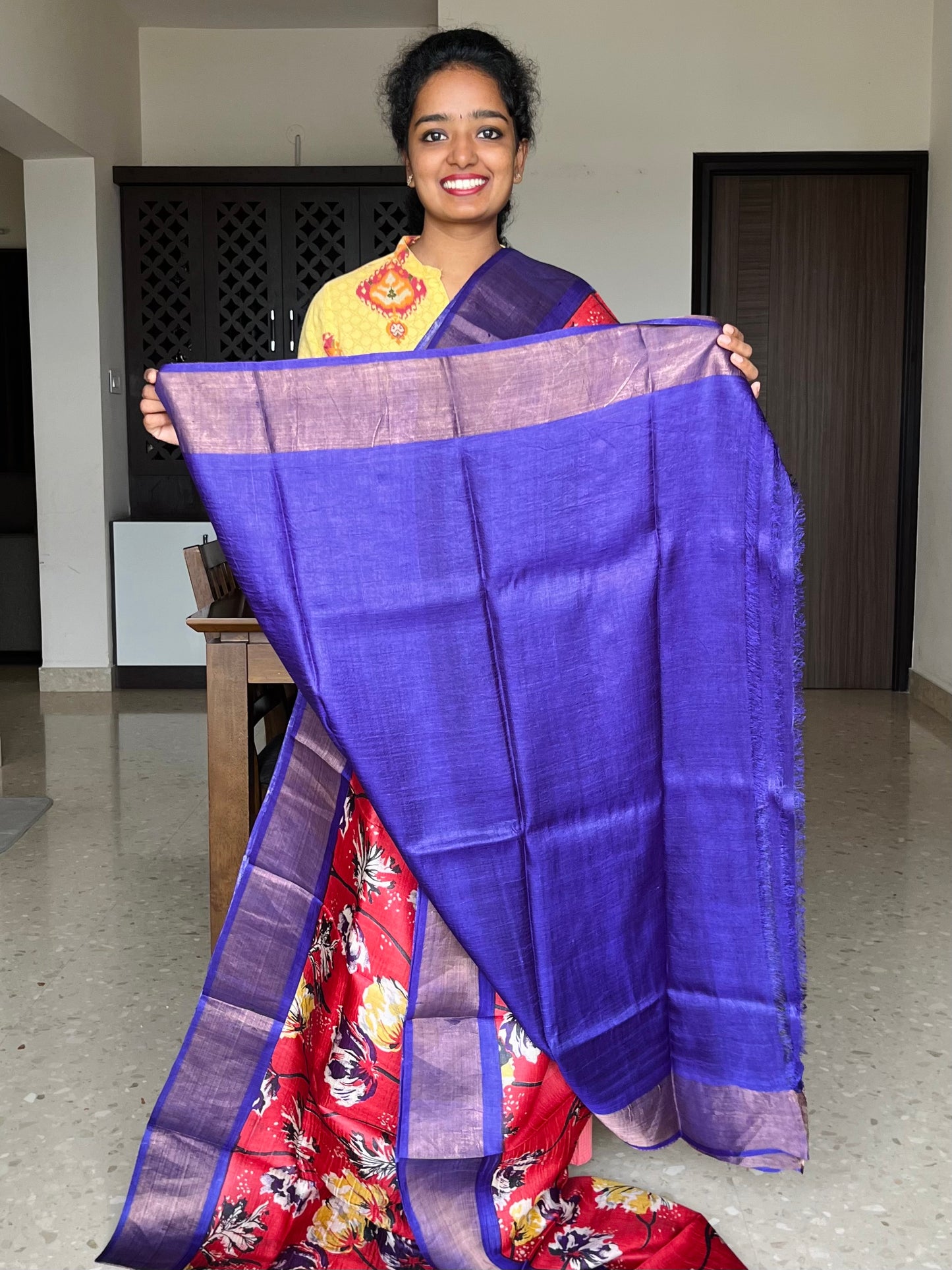 Red and Violet Tussar Silk Saree with Prints