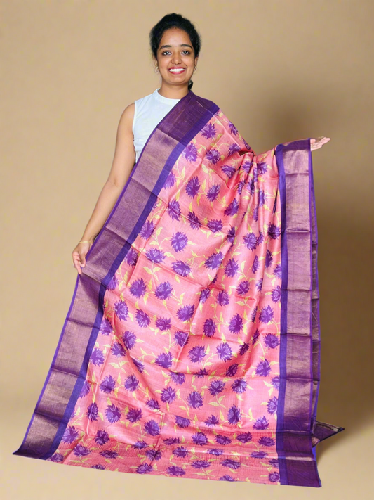 Pink and Violet Tussar Silk Saree with Prints