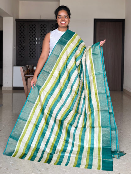 Cream and Green Tussar Silk Saree with Prints