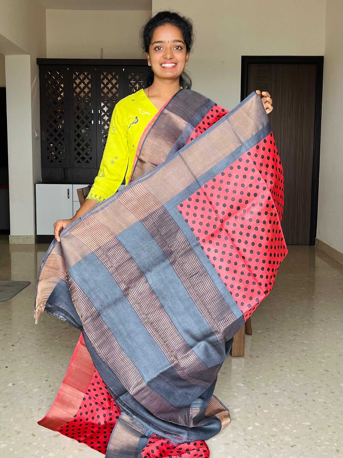 Red and Black Tussar Silk Saree with Prints