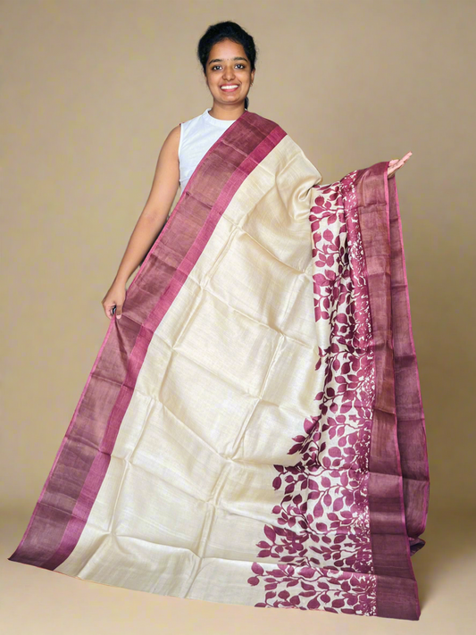 Cream and Maroon Tussar Silk Saree with Prints