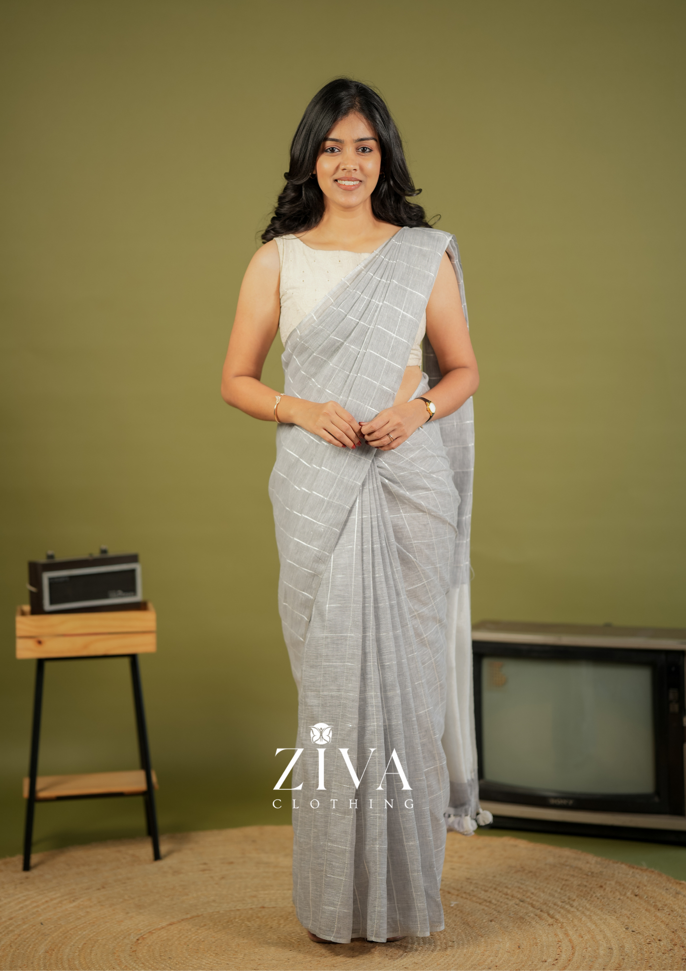 Grey Linen Saree Woven With Sequins