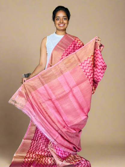 Pink and Mustard Tussar Silk Saree with Prints
