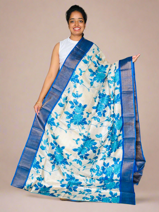 Cream and Ink Blue Tussar Silk Saree with Prints
