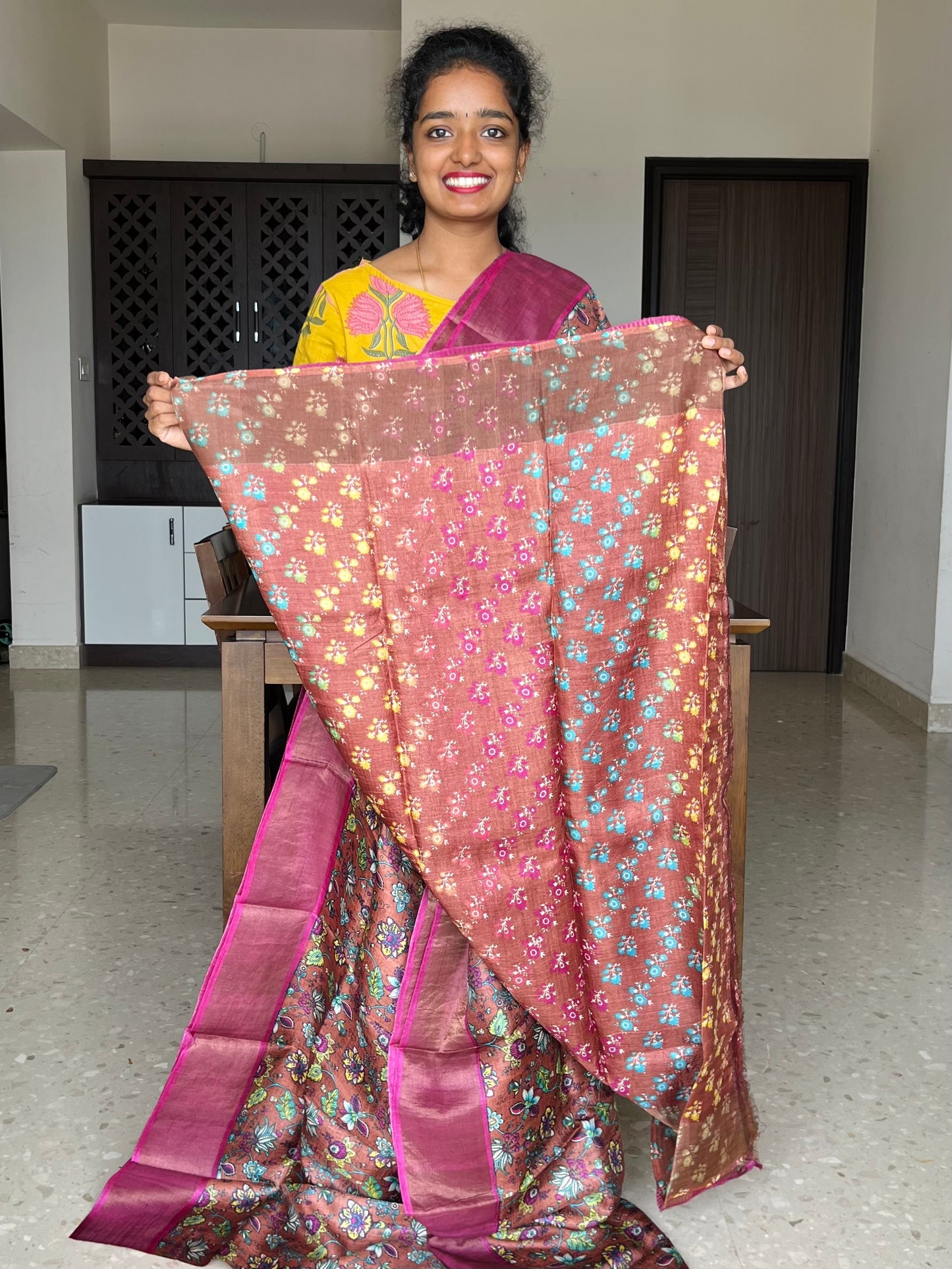 Brown and Pink Tussar Silk Saree with Prints