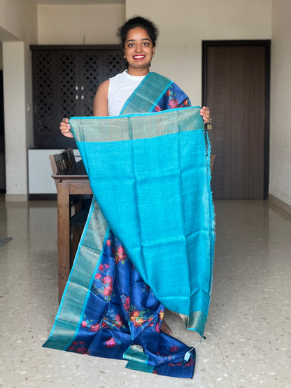 Navy Blue and Sky Blue Tussar Silk Saree with Prints