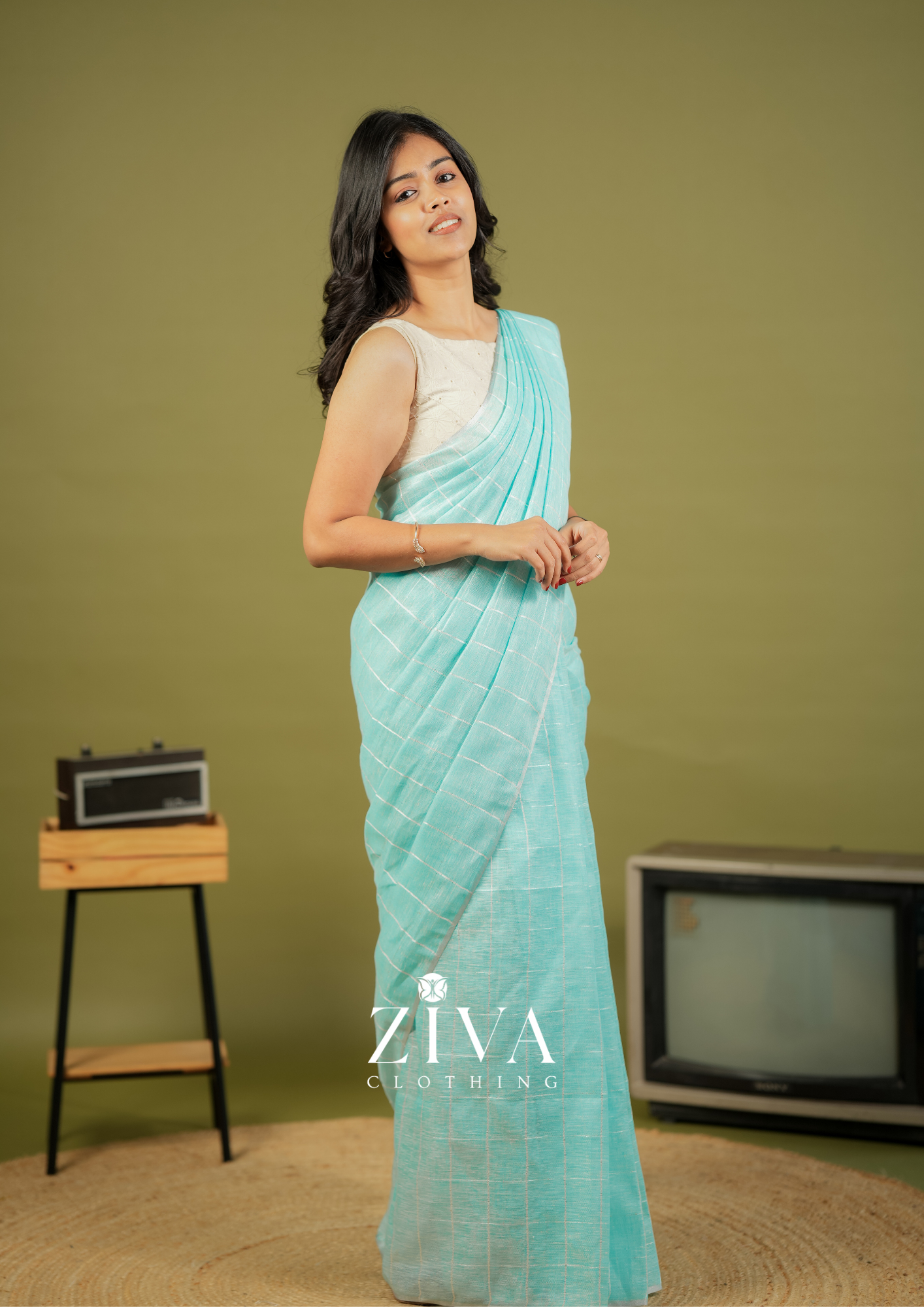 Blue Linen Saree Woven With Sequins