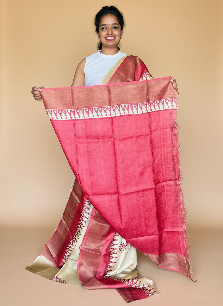 Cream and Red Tussar Silk Saree with Prints