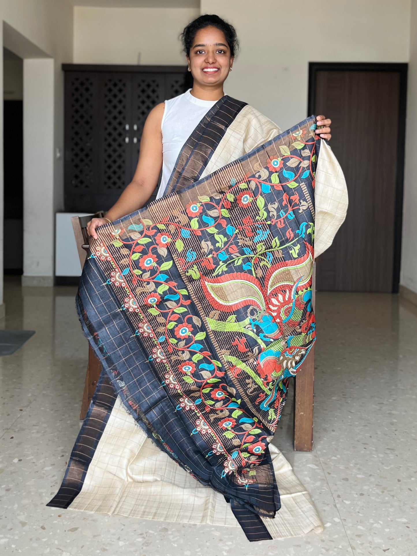 Cream and Black Tussar Silk Saree with Prints