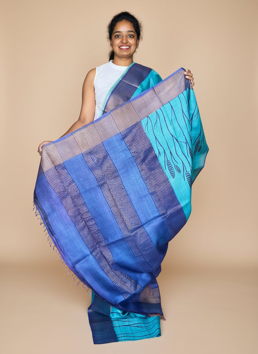 Blue Tussar Silk Saree with Prints