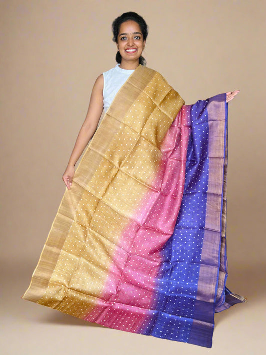 Yellow, Pink and Violet Tussar Silk Saree with Prints