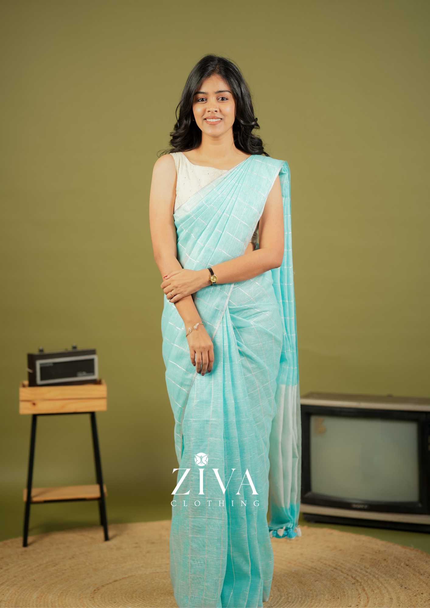 Blue Linen Saree Woven With Sequins