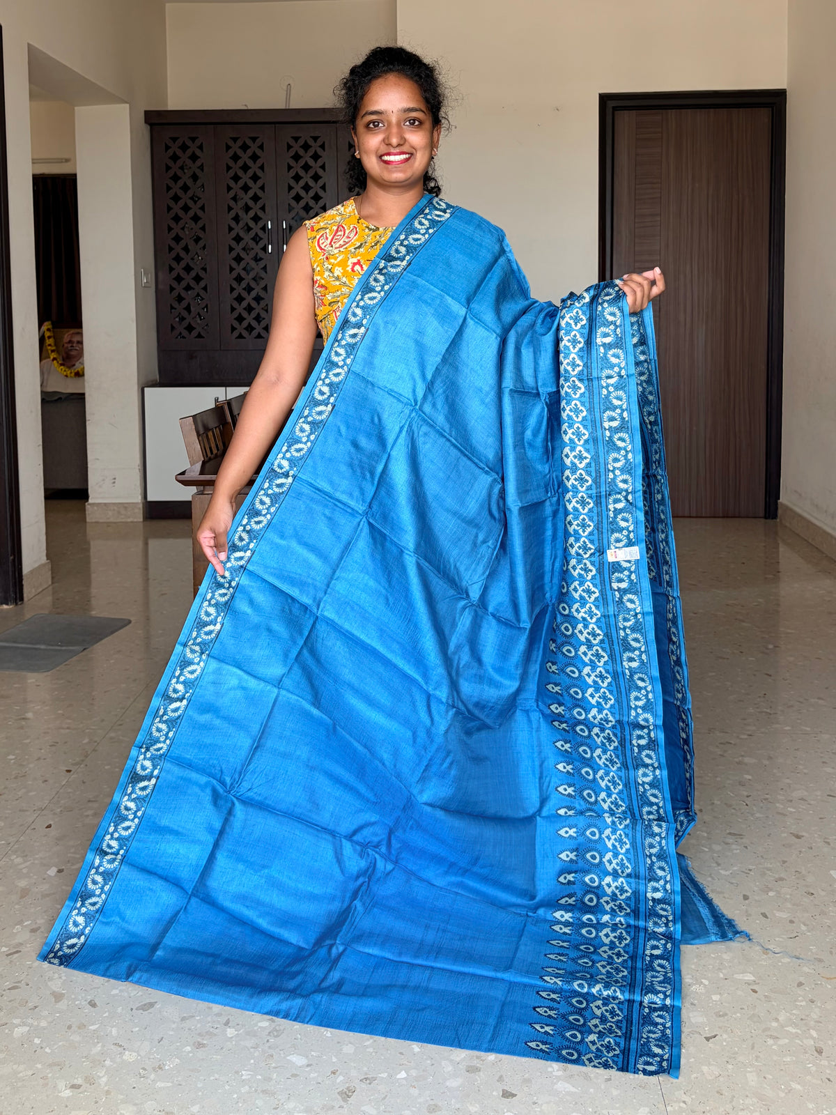 Blue Tussar Silk Saree with Prints