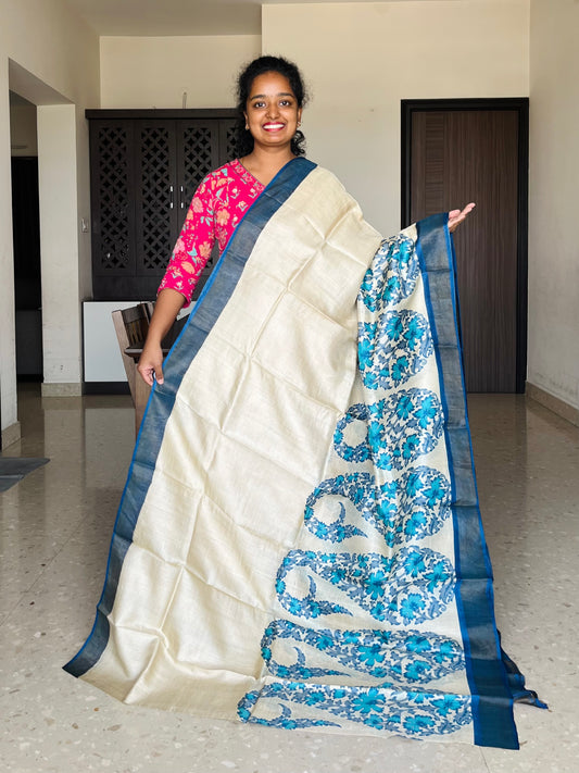 Cream and Blue Tussar Silk Saree with Prints