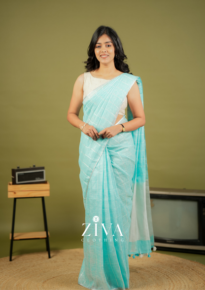 Blue Linen Saree Woven With Sequins