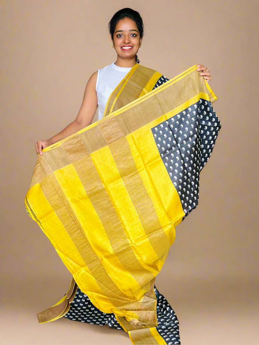 Black and Yellow Tussar Silk Saree with Prints