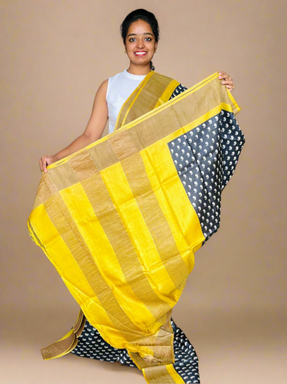 Black and Yellow Tussar Silk Saree with Prints