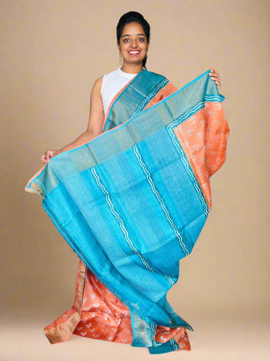Orange and Teal Tussar Silk Saree with Prints