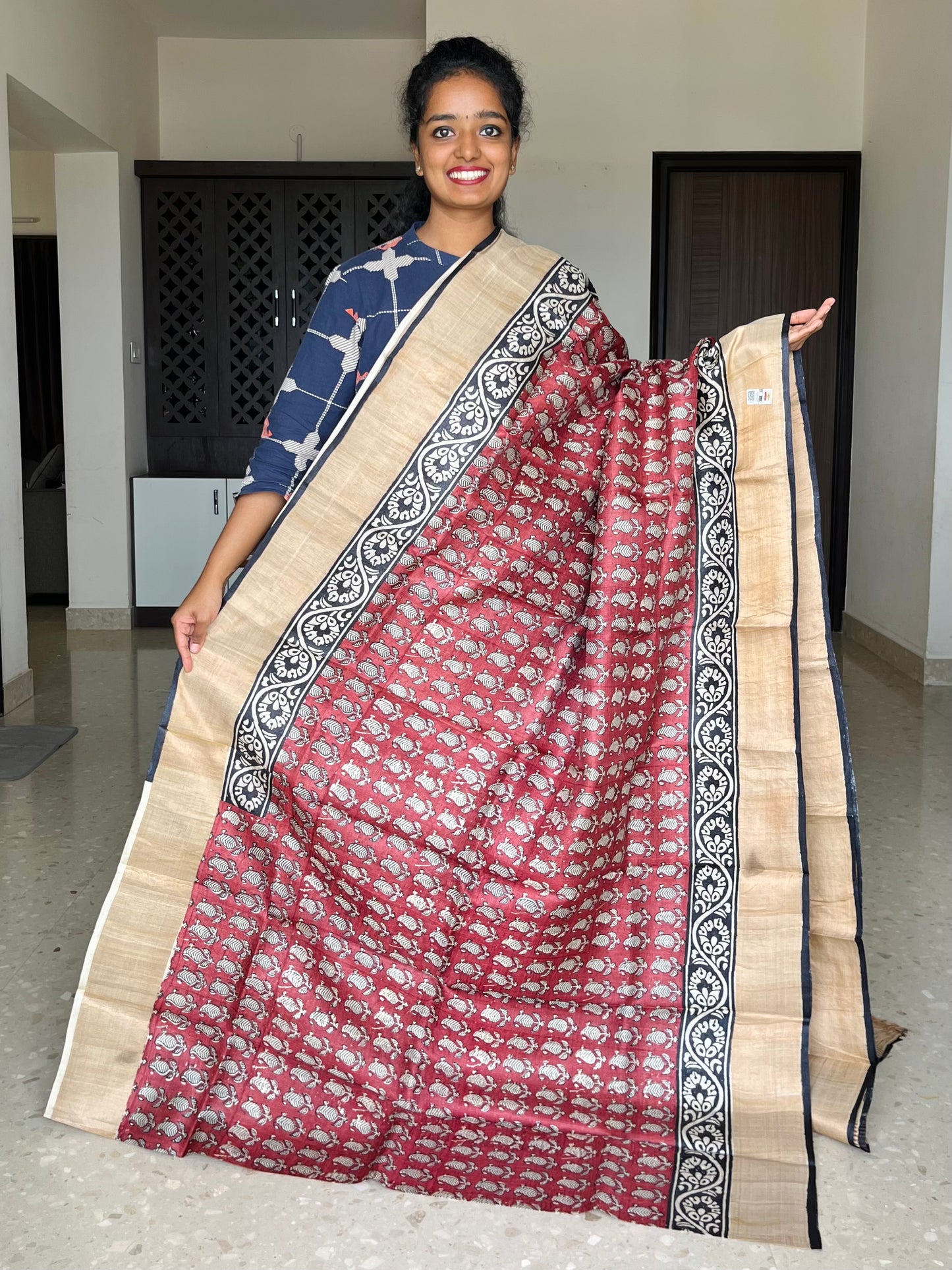 Brown Tussar Silk Saree with Prints