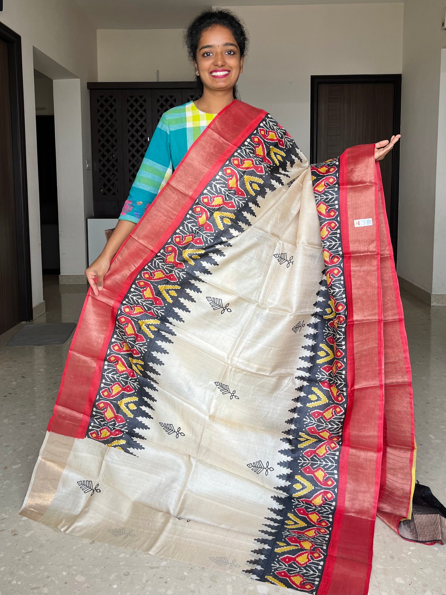 Cream and Red Tussar Silk Saree with Prints