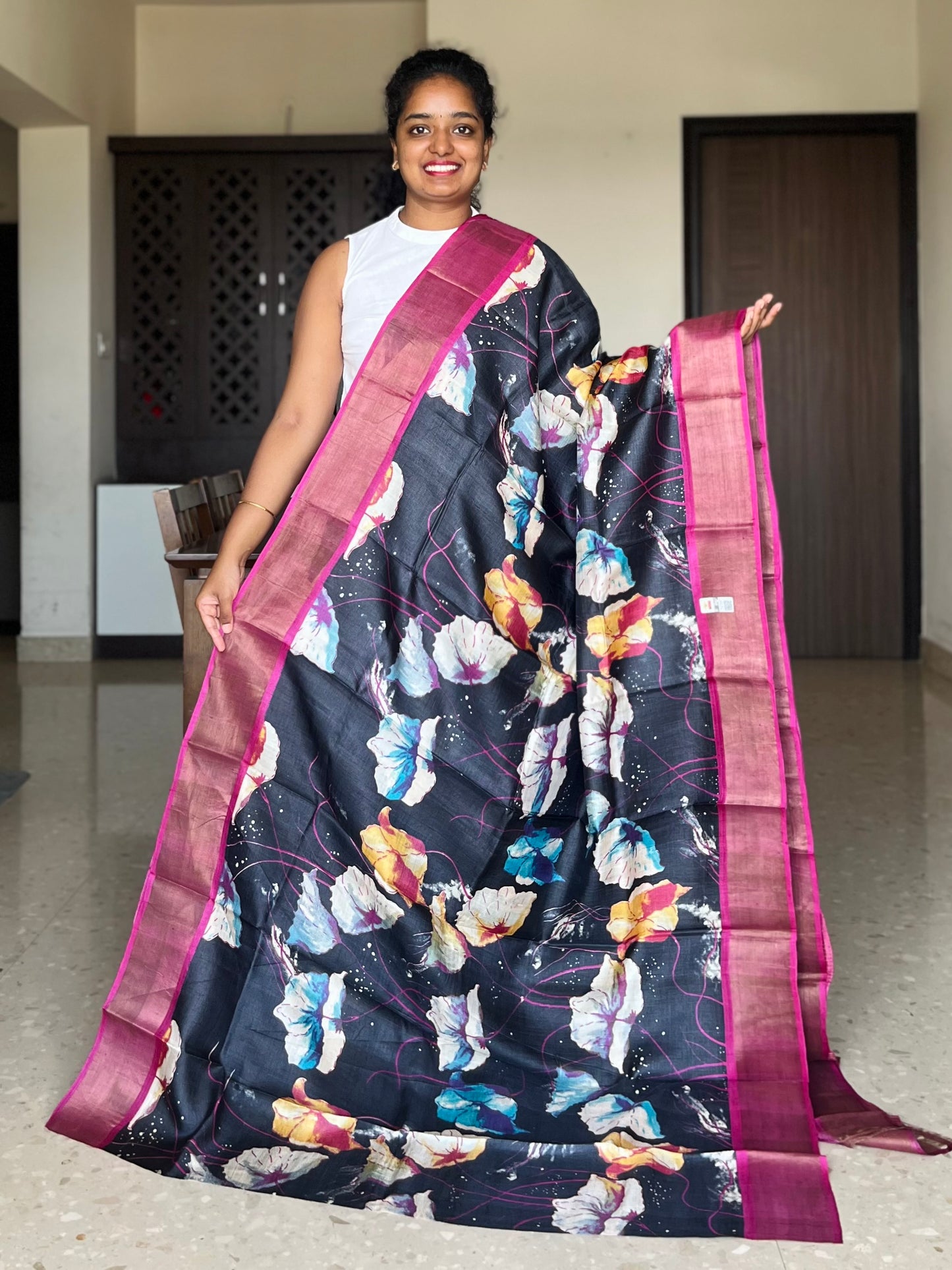 Black and Pink Tussar Silk Saree with Prints