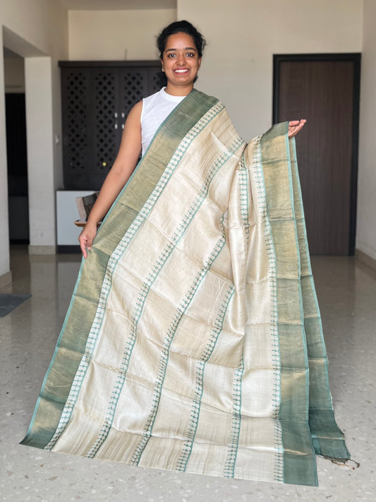 Cream and Green Tussar Silk Saree with Prints
