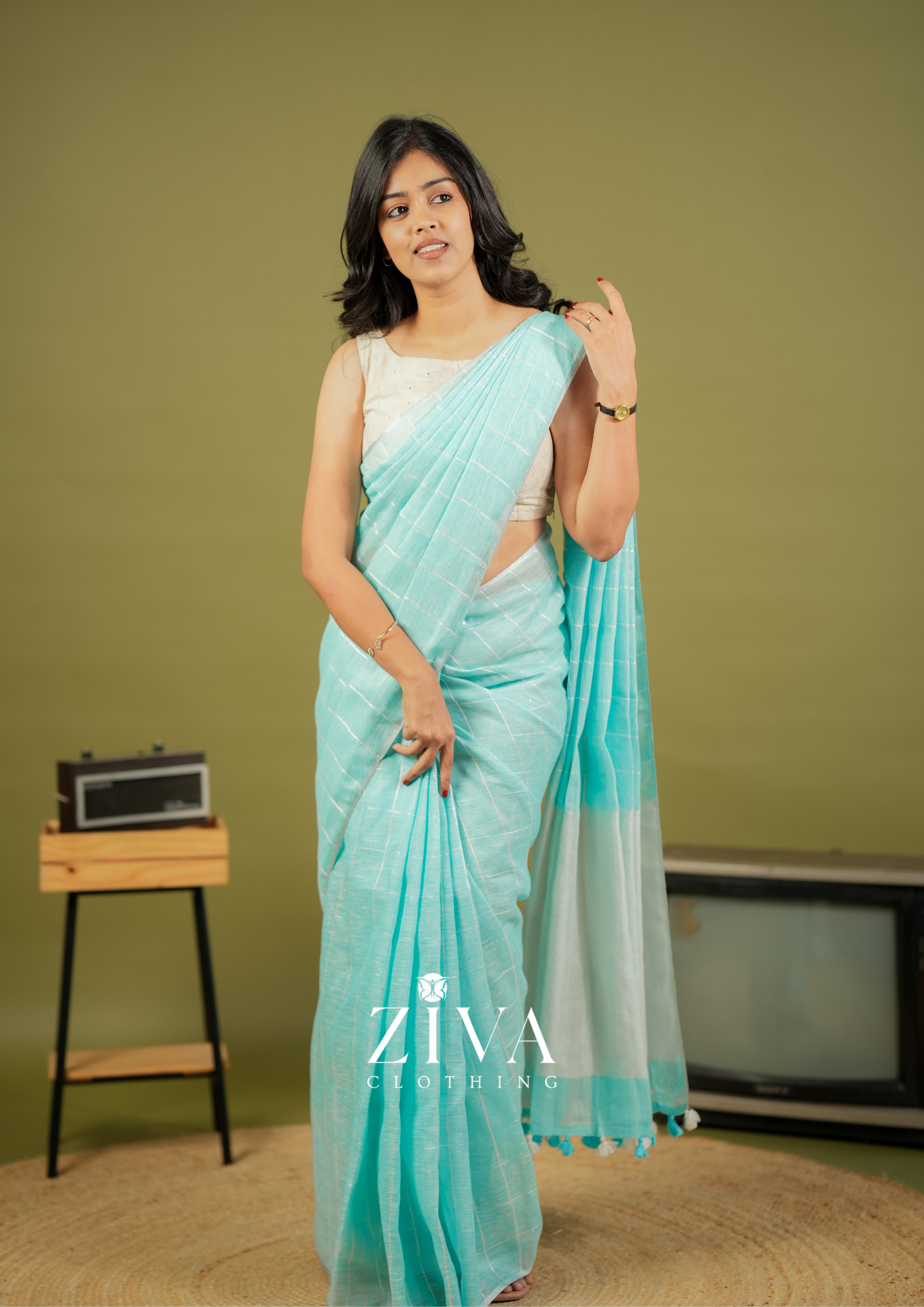 Blue Linen Saree Woven With Sequins