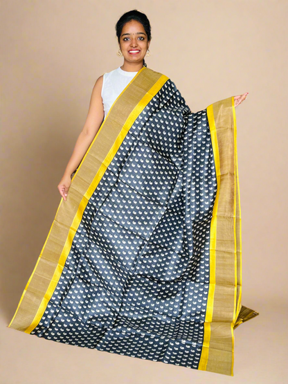 Black and Yellow Tussar Silk Saree with Prints