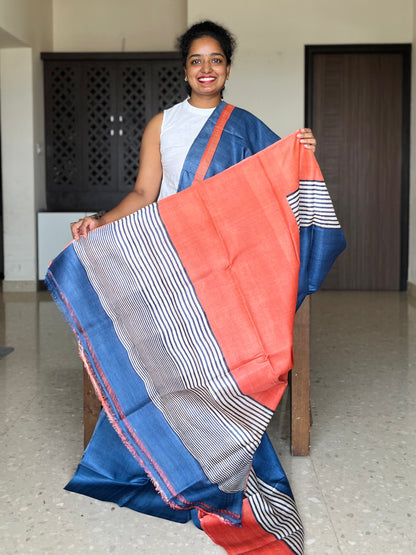 Blue and Orange Tussar Silk Saree with Prints