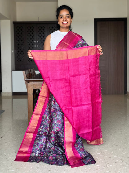 Purple and Pink Tussar Silk Saree with Prints